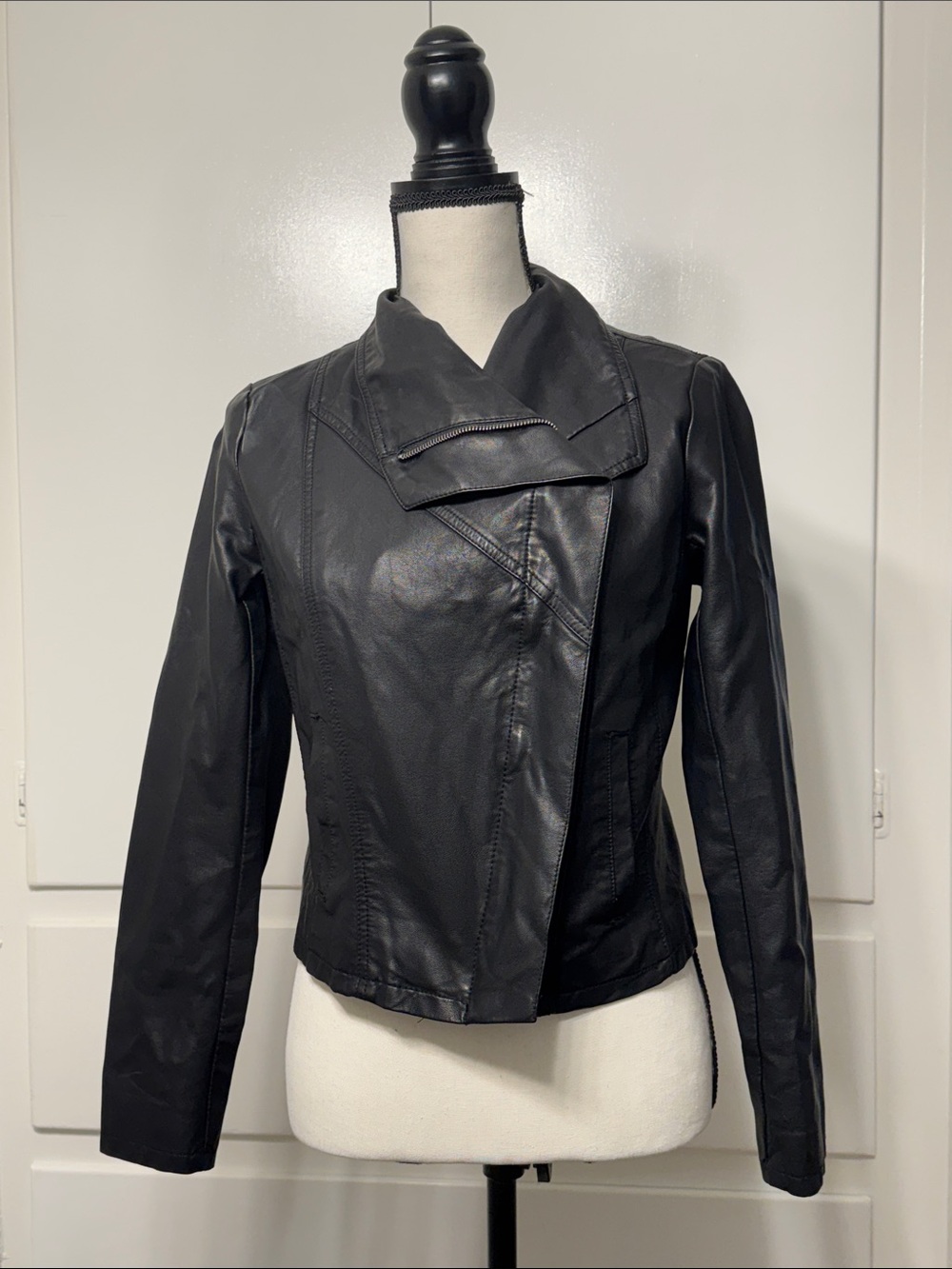 Black Asymmetrical Faux Leather Jacket - Women
